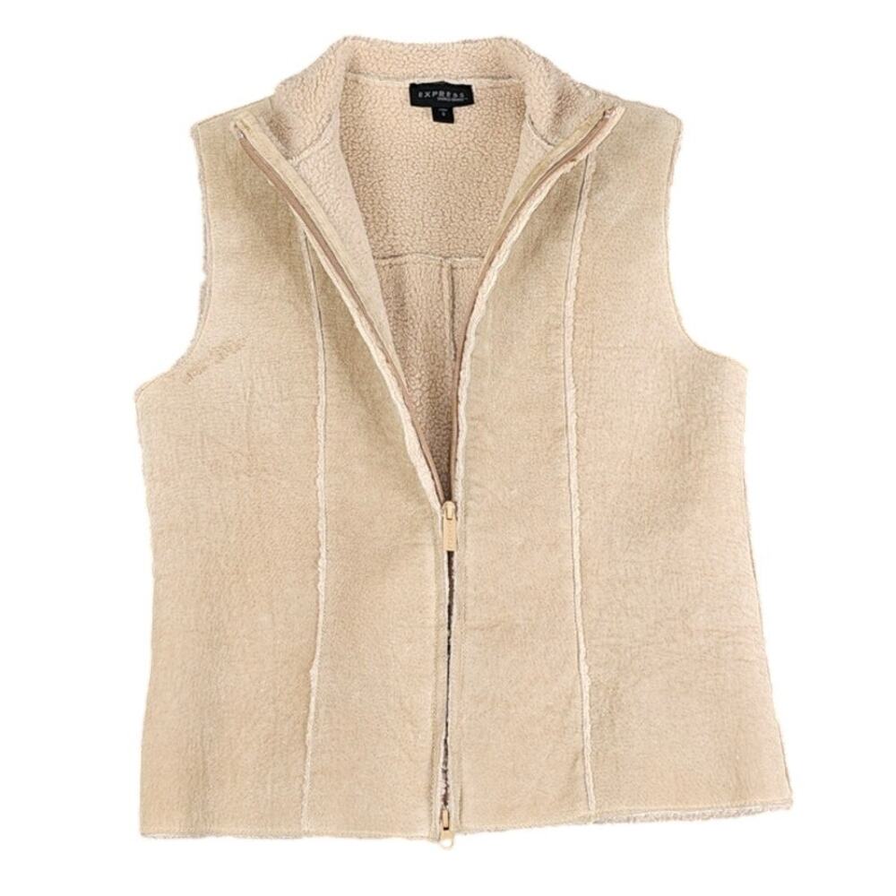 VTG Express vest women's sz Small buck suede leather shell faux sheep lining
